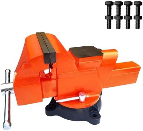 Bench Vise 6 Inch Jaw Width 5.5 Inch Jaw Opening Home Vise - Secure Grip with 360° Swivel Base Home Vise Rotation Base - Assembled with a Combination of Heavy Duty Cast Iron and Steel - Orange