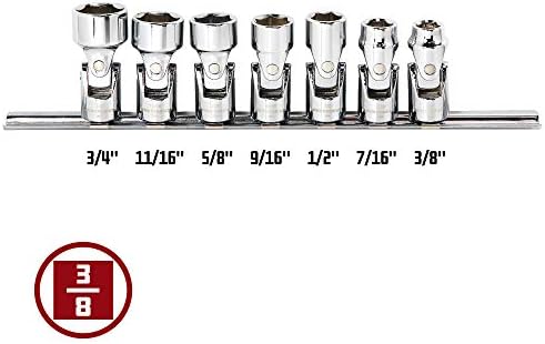 Powerbuilt Universal Joint Socket Set, SAE 7 Piece 3/8-Inch Drive, 6 Point, 360 Degree Rotation 40 Degree Working Angle, Storage Rail - 642163