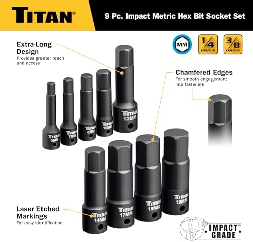 Titan 49011 9-Piece Impact Metric Hex Bit Socket Set, Sizes 6mm thru 19mm, S2 and 6150 Alloy Steel, Extra-long Design for Greater Reach and Access, Metal Storage Rail