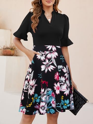 Mokayee Womens Summer V Neck Ruffle Short Sleeve Fit and Flare Knee Length Church Wedding Guest Dresses with Pockets