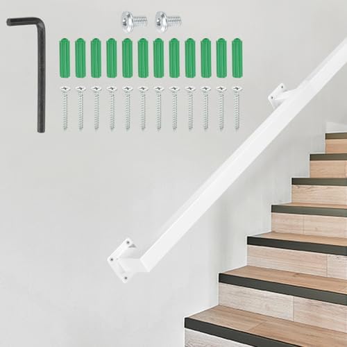 DTGN Stair Railing Indoor 4FT - Square Tube Handrail Metal Staircase Wall Mounted Handrails for Home Indoor Stairs Loft - Non-Slip W/Screws & Expansion Tube & Hex Wrench - White