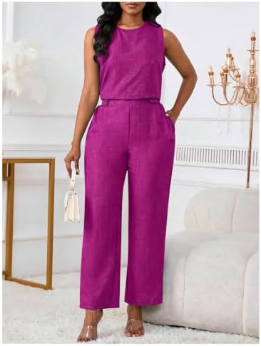 Floerns Women's 2 Piece Sets Dressy Outfits Bussiness casual Crew Neck Sleeveless Blouse and Elegant Pants Set