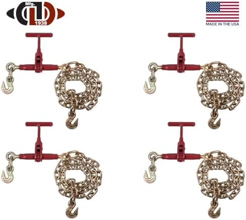 4 Pack 5/16"-3/8" Durabilt T-Handle Ratchet Chain Binder with 6' Chain Extension & Grab Hooks - 7,100 lbs WLL Heavy Duty Tie Down Hauling Load Chain Binders for Flatbed Trailer