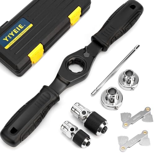 YIYEIE 8PC Ratcheting Tap Handle, 2-IN-1 Extendable Tap Wrench & Die Handle | Adjustable Tap and Die Handle Tool, T Handle Ratchet Die Wrench Fits Round & Hexagonal Die, M3-M12 Tap Holder, Thread Gauges