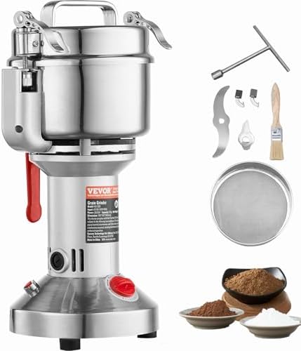 VEVOR 550g Electric Grain Mill Grinder, High Speed 2000W Commercial Spice Grinders, Stainless Steel Pulverizer Powder Machine, for Dry Grains Spices Cereals Coffee Corn Pepper, Straight Type