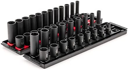 TEKTON 3/8 Inch Drive Impact Socket Set, 42-Piece | SID91217 | (5/16 - 3/4 in., 8 - 19 mm), Shallow and Deep, 12-Point, Socket Rail