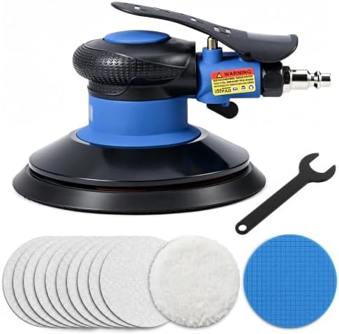 Random Orbital Air Sander 6 Inch, 13,000 RPM Pneumatic DA Palm Sander with Polishing Buffing Pads & Sanding Discs, Air Powered Polisher for Auto Body Repair, Wood, Composites and Metal Sanding