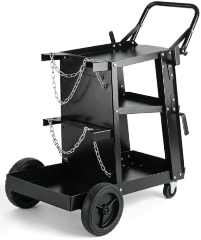 Welding Cart, 3-Tier Heavy Duty Welder Cart with 400LBS Load Capacity, 360° Swivel Wheels with Dual Cylinder Slots & Safety Chains, Rolling Cart for Welders & Plasma Cutters
