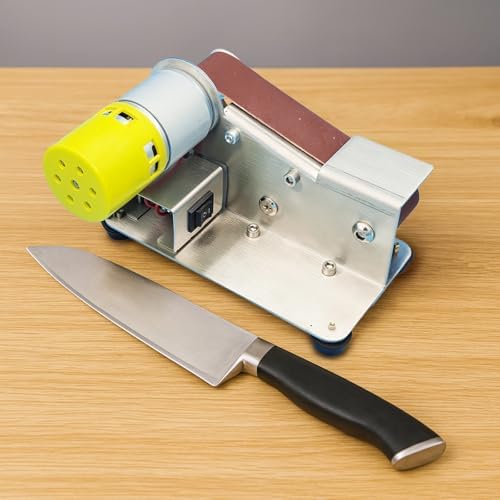 Bench Belt Sander, Mini Electric Grinder Set, 110/220V with Polishing Wheel, Grinding Wheel, Polishing Disc, 10 Sanding Belts for Woodworking, Knife Sharpening
