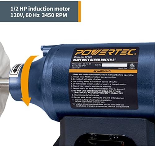 POWERTEC 6-Inch Bench Buffer Jewelry Polisher - Includes 2PCs 80Ply Thic Buffing Wheels | Ideal Benchtop Buffing Machine for Polishing Metal, Jewelry, Knives, Wood, Jade, and Plastic (BF601)