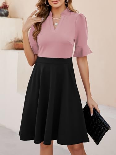 Mokayee Womens Summer V Neck Ruffle Short Sleeve Fit and Flare Knee Length Church Wedding Guest Dresses with Pockets