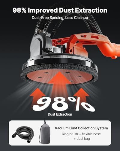 VEVOR Cordless Drywall Sander, 450W Electric Sander, Popcorn Ceiling Removal Tool with Vacuum Dust Collection, 7 Variable Speed 0-1600 RPM, LED Light, Foldable & Extendable Handle, 15 Sanding Discs