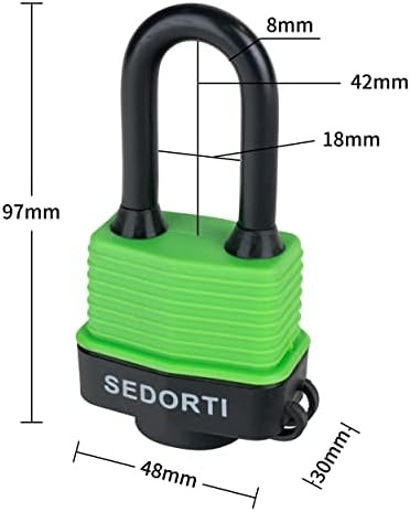 SEDORTI Colored Waterproof Padlocks, Green-Covered Laminated Steel Lock, Same Color with Same Key, Keyed Alike Outdoor Locks, Can Be Used as Lockout Tagout Lock, Long Padlocks, Pack of 12