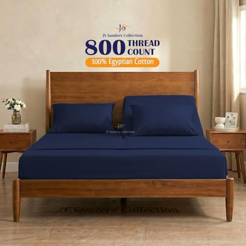 JS Sanders Collection 600TC Flex Top King Sheets for Sleep Number Bed - 100% Cotton 4 Pcs Top Split King Sheets for Adjustable Bed, King 34 Inch Down Navy Blue -18 Inch Deep