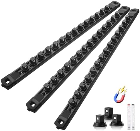 Reniteco Magnetic Socket Organizer Set, 3-Pack 3/8” Socket Rails | 42 Clips, Heavy-Duty Aluminum Alloy Rails, Removable 360° Swivel ABS Clips, Magnetic Base, Tool Box Drawer or Wall Mount