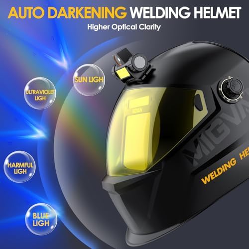 Welding Helmet Auto Darkening with Light, Welding Hood True Color Large Viewing, Welding Mask Solar/Battery Powered, Wide Shade 4/5-13 with 4 Arc Sensor, Optical Clarity for TIG MIG ARC Grind