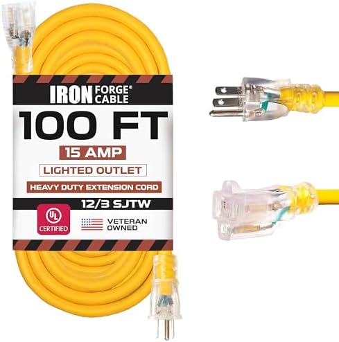 IRON FORGE CABLE 100 Foot Outdoor Extension Cord - 12/3 SJTW Heavy Duty Yellow 3 Prong Extension Cable, 15 AMP - Great for Garden and Major Appliances