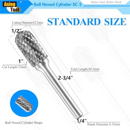SC-5 Tungsten Carbide Burr Rotary File Cylindrical Shape with Radius End Double Cut with 1/4''Shank for Die Grinder Drill Bit - 10Pcs