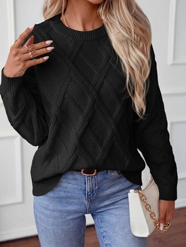 Okiwam Women's Long Sleeve Sweaters Crewneck Cable Knit Pullover