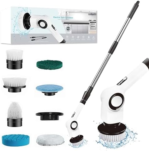 Electric Spin Scrubber, Electric Cleaning Brush, Multifunctional 360 Automatic Rotation Cordless Spin Scrubber with 7 Replaceable Brush Heads for Cleaning Bathroom Kitchen and Floor