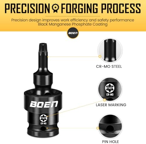 BOEN 8-Pieces Universal Torx Bit Driver Impact Socket, 1/2" Drive Size (T30, T40, T45, T47, T50, T55, T60, T70) With Socket Rail, CR-MO Steel