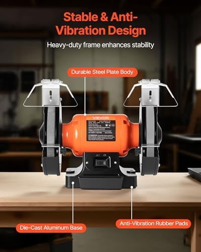VEVOR Bench Grinder, 8-inch Single Speed Bench Grinder, 3450RPM High-Speed Table Grinders with 350W 3.0A Induction Motor, 36/60-Grit Grinding Wheel & Adjustable Eye Shield for Fast Sharpening Grinding