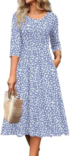 Zeagoo 3/4 Sleeve Women's Dress Casual Aline Summer Fall Midi Long Dresses