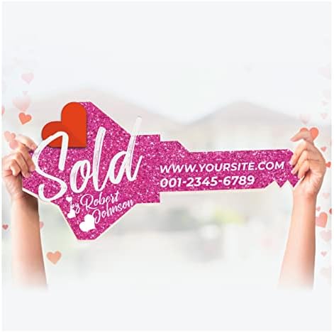 Customized Real Estate Sold Key Prop - Personalized Giant Key Sign for Realtors - Custom Sold Key for Real Estate Marketing - Real Estate Closing Prop House Key - Hot Pink Heart Style Size S