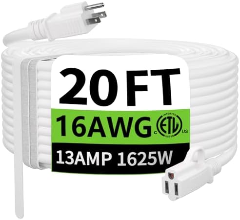 HUANCHAIN Indoor Outdoor White Extension Cord 20 FT Waterproof 16/3 Gauge