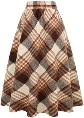 IDEALSANXUN Womens Plaid Wool Skirts Elastic Waist A-Line Pleated Tartan Long Skirts