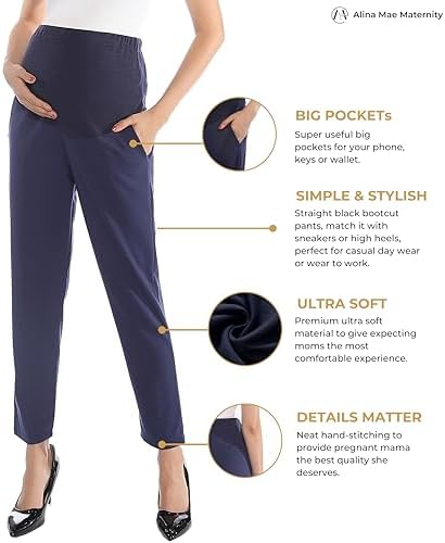 Maternity Pants Work Over The Belly with Pockets, Womens Pregnancy Dress Pants Office Clothes Trousers Stretch Summer