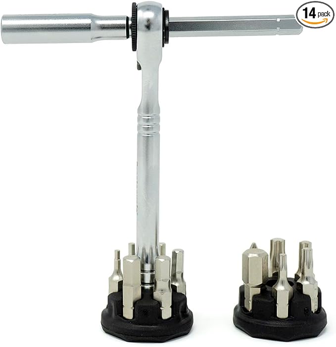 Prestacycle Pro T-Handle Ratchet Kit with (12) S2 Bits and (2) Round Bit Holders – Compact Desktop/Benchtop 3-Way Ratchet Tool, Reversible Thumb-Wheel, 60Nm Heavy-Duty Torque