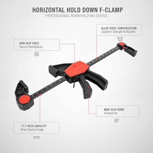 17.7 Inch Capacity Horizontal Hold Down F-Clamp, Alloy Steel Workholding Device for Woodworking and Metal Assembly (1 PC)
