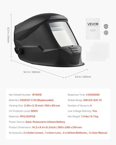 VEVOR Welding Helmet Auto Darkening, 3.94" x 3.15" True Color Welding Hood, Solar-Powered Welder Mask 4 Arc Sensors, Wide Shade 4/5-9/9-13 for TIG MIG Weld Cutting Grinding Application - METIS Series