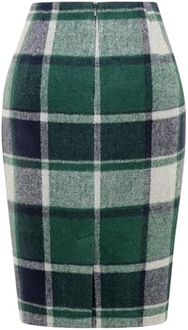 IDEALSANXUN Plaid Skirts for Women Fall Winter Knee Length Pencil Wool Skirt with Slit