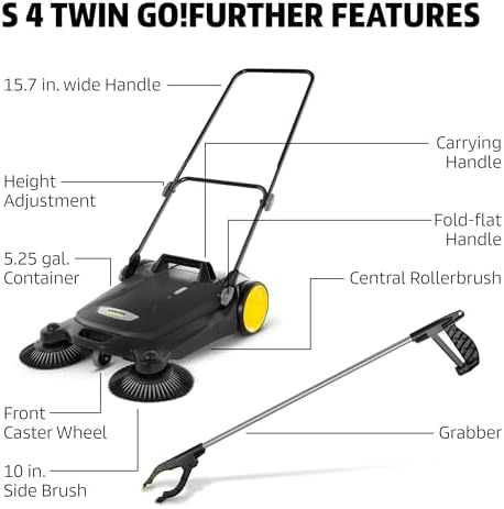 Kärcher Walk Behind Outdoor Push Sweeper S 4 Twin Go!Further for Workshops, Sidewalks, Driveways or Garages with Debris Grabber 5.25 Gallon Capacity, 26.8" Sweeping Width