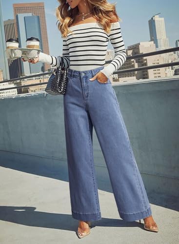 Dokotoo Women's Casual High Waisted Jeans Stretch Wide Leg Loose Denim Pant