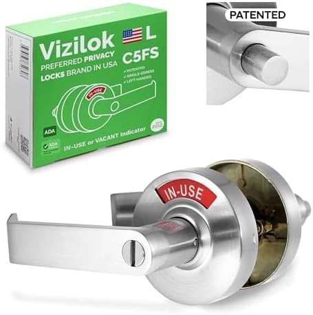 VIZILOK ADA Compliant, Single Egress Indicator Privacy Lock C5FS-L Durable ANSI Grade 2 Comp Commercial Non Reversible LeftHanded in-Use or Vacant Push Button Lever - Satin Chrome