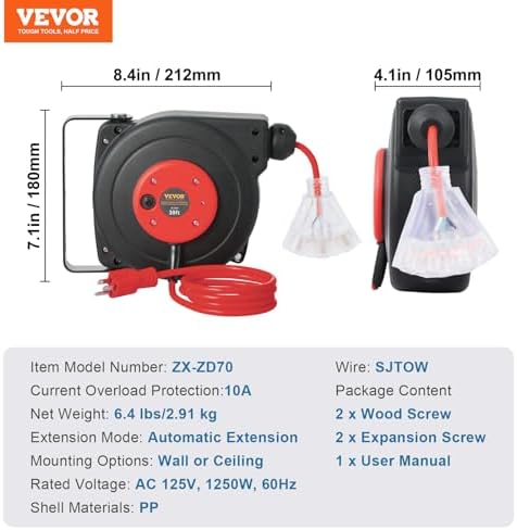 VEVOR Retractable Extension Cord Reel, 30 FT, Heavy Duty 16AWG/3C SJTOW Retractable Power Cord Reel with Lighted Triple Tap Outlet 10 Amp Circuit Breaker 4.5FT Lead-in Cord, for Ceiling or Wall Mount
