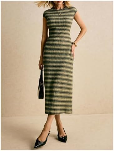 SOLY HUX Women's Striped Midi Dress Casual Work Knit Bodycon Summer Dresses