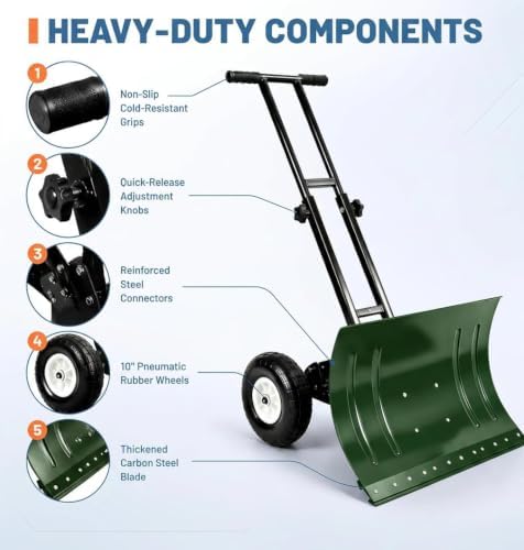 GarveeLife Wheeled Snow Shovel - 29in Steel Blade, 10in Wheels Green/Black