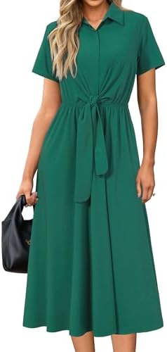 Newshows Women's Work Business Casual Outfits Tie Waist Midi Shirt Dress