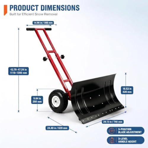 GarveeLife Wheeled Snow Shovel - 29in Steel Blade with 10in Wheels Red