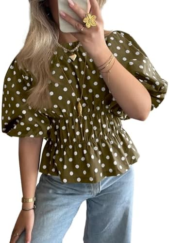 Cicy Bell Women Polka Dot Peplum Blouse Round Neck Puff Sleeve Summer Top