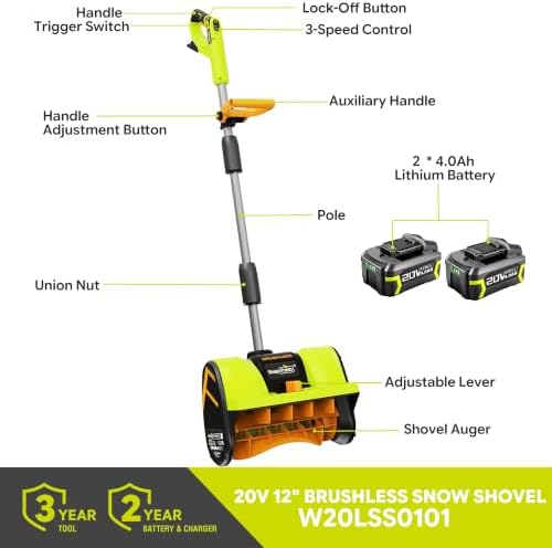 SnapFresh 20V Brushless Snow Shovel, 12” Cordless Electric Snow Thrower Kit for 5-Car Driveway, Lightweight, 3-Speed, Adjustable Handle, 300 lbs/Min – Includes 2×4.0Ah Batteries & Fast Charger
