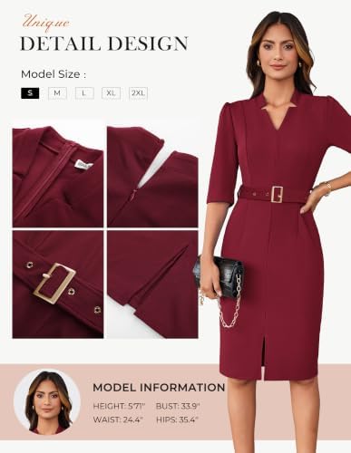 GRACE KARIN Women's Work Dress 3/4 Sleeve V Neck Bodycon Dress with Belt