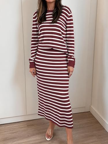 ANRABESS Women 2 Piece Striped Sweater Skirt Set