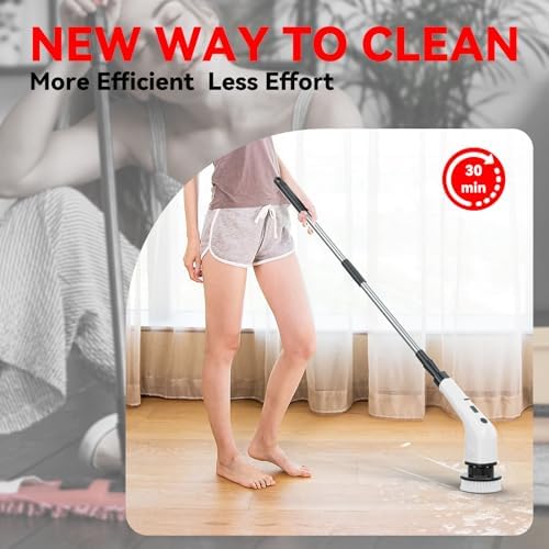 APLUSH Electric Spin Scrubber,Cordless Shower Cleaning Brush with 7 Replaceable Brush Heads, Adjustable 2 Speeds Extension Handle Power Cleaning Brush for Tub Tile Floor Car,Black