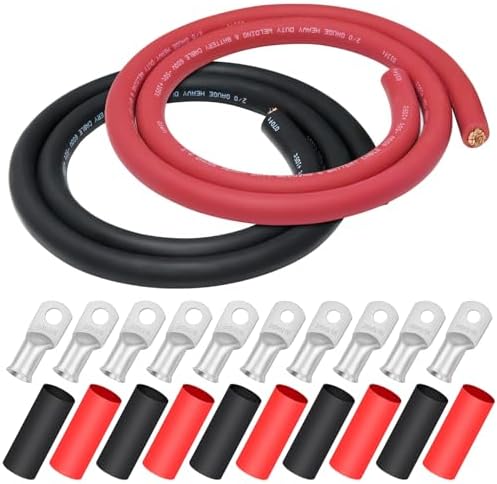 2/0 Gauge Welding Wire,iGreely 5 Ft Black+5 Ft Red 2/0 AWG Copper Battery Cable for Automotive Solar Vehicle Rv,5pcs of 5/16""& 5pcs 3/8"" Copper Lugs Terminal Connector with Heat Shrink Tubing