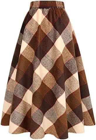 IDEALSANXUN Womens Plaid Wool Skirts Elastic Waist A-Line Pleated Tartan Long Skirts